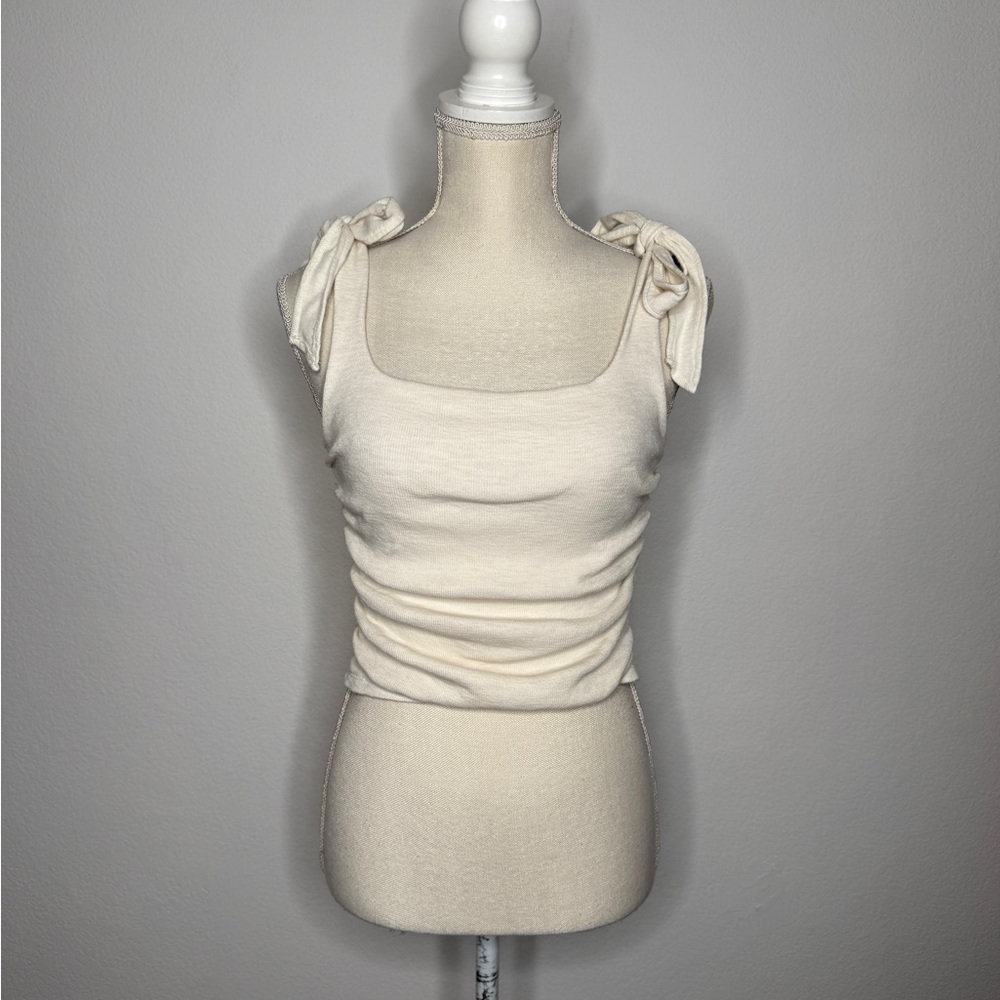 Free People Cream Ruched Shoulder Tie Ribbed Square Neck Tank Top Size XS